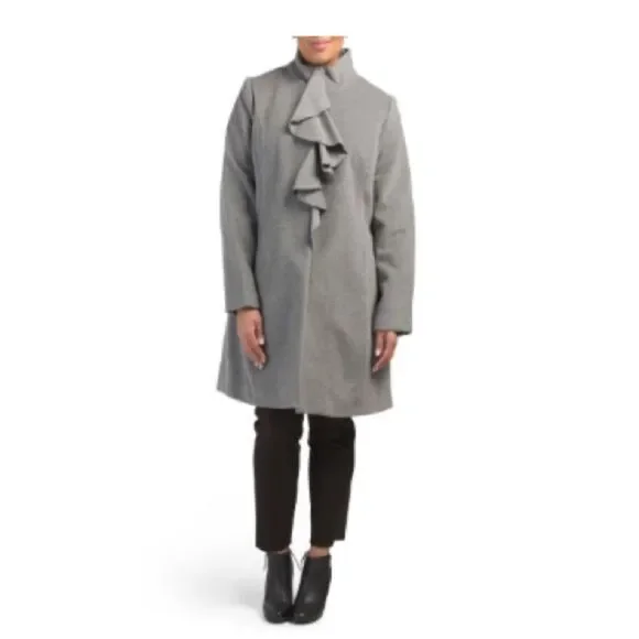 T Tahari Plus Size Kate Fall Winter Wool Cashmere Grey Coat with ruffles - Picture 2 of 12